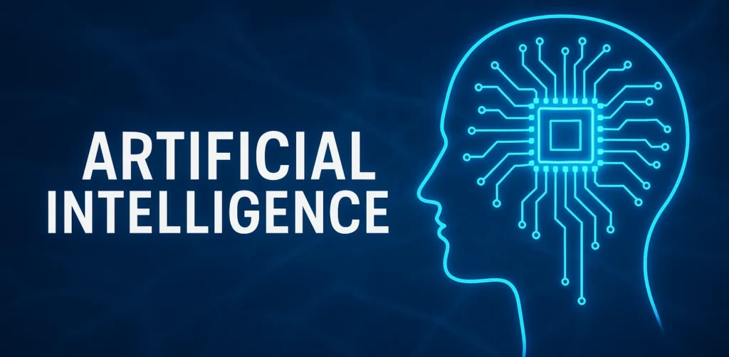 A profile of a human head in glowing blue lines, with a detailed circuit board inside, and the words "ARTIFICIAL INTELLIGENCE" next to it.