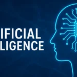 A profile of a human head in glowing blue lines, with a detailed circuit board inside, and the words "ARTIFICIAL INTELLIGENCE" next to it.