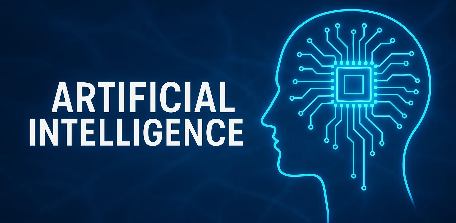 A profile of a human head in glowing blue lines, with a detailed circuit board inside, and the words "ARTIFICIAL INTELLIGENCE" next to it.