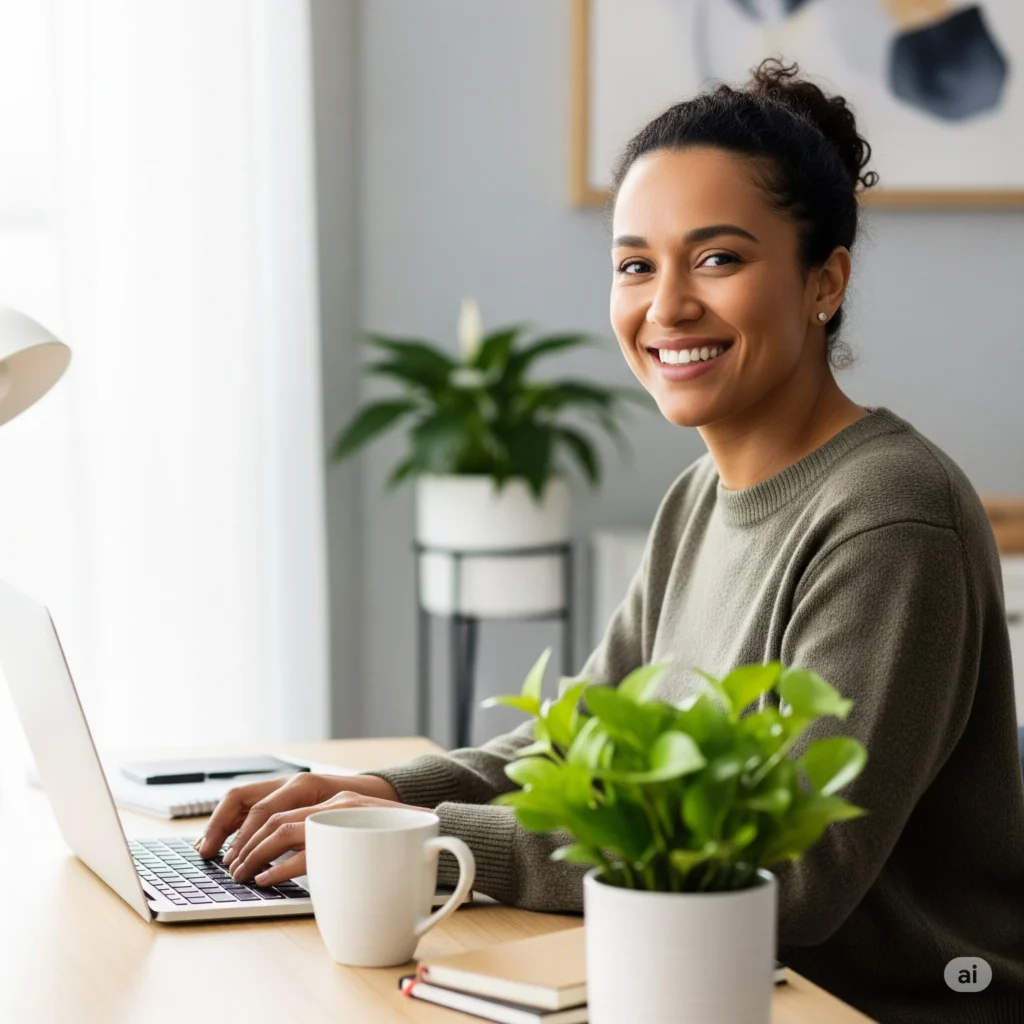 A diverse professional smiling while working on a laptop in a bright, modern home office, representing the success of a work-from-home career for beginners with no experience
