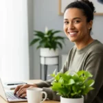 A diverse professional smiling while working on a laptop in a bright, modern home office, representing the success of a work-from-home career for beginners with no experience