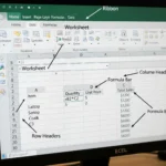 A professional photo of a computer screen displaying a Microsoft Excel worksheet. Key components are labeled, including the ribbon, formula bar, row and column headers, and a worksheet with sample data and a formula visible.