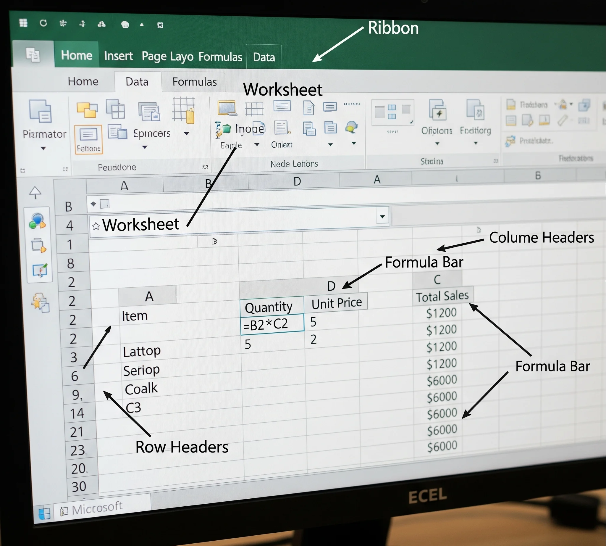 A professional photo of a computer screen displaying a Microsoft Excel worksheet. Key components are labeled, including the ribbon, formula bar, row and column headers, and a worksheet with sample data and a formula visible.