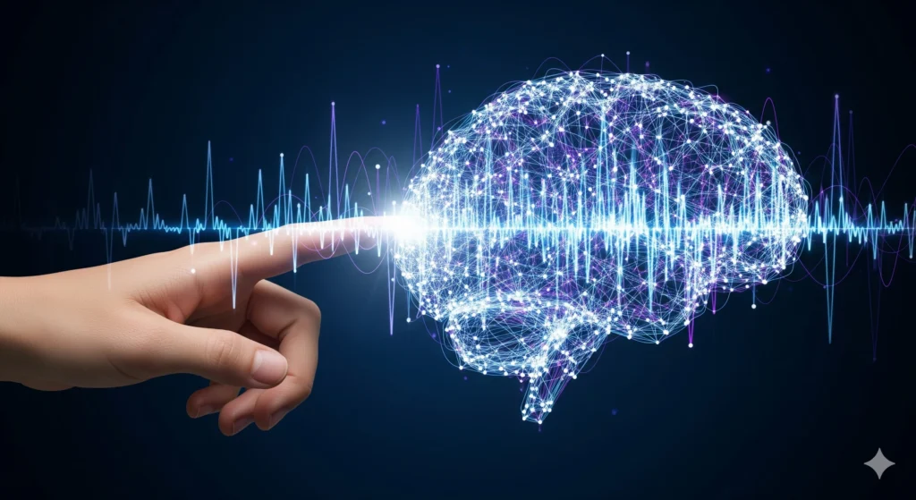 A digital illustration of a hand interacting with a glowing, abstract brain, symbolizing human-AI communication.