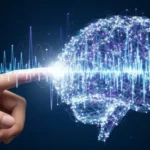 A digital illustration of a hand interacting with a glowing, abstract brain, symbolizing human-AI communication.