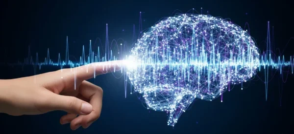 A digital illustration of a hand interacting with a glowing, abstract brain, symbolizing human-AI communication.