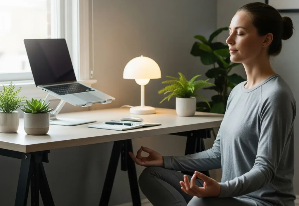 A person meditates in a calm and organized office, with eyes closed and a serene expression, surrounded by soft lighting and green plants.