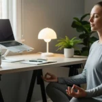 A person meditates in a calm and organized office, with eyes closed and a serene expression, surrounded by soft lighting and green plants.