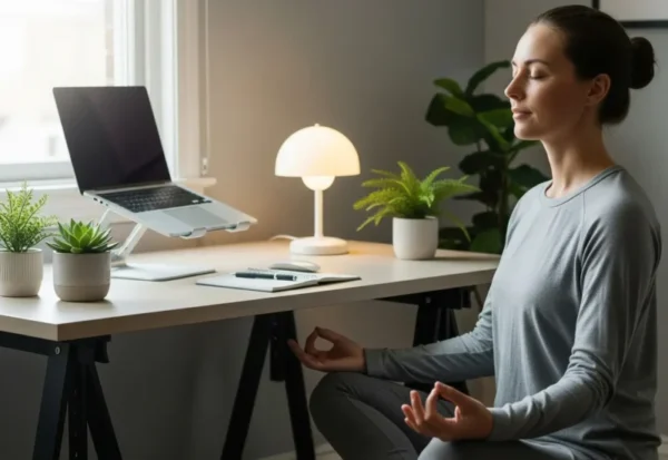 A person meditates in a calm and organized office, with eyes closed and a serene expression, surrounded by soft lighting and green plants.