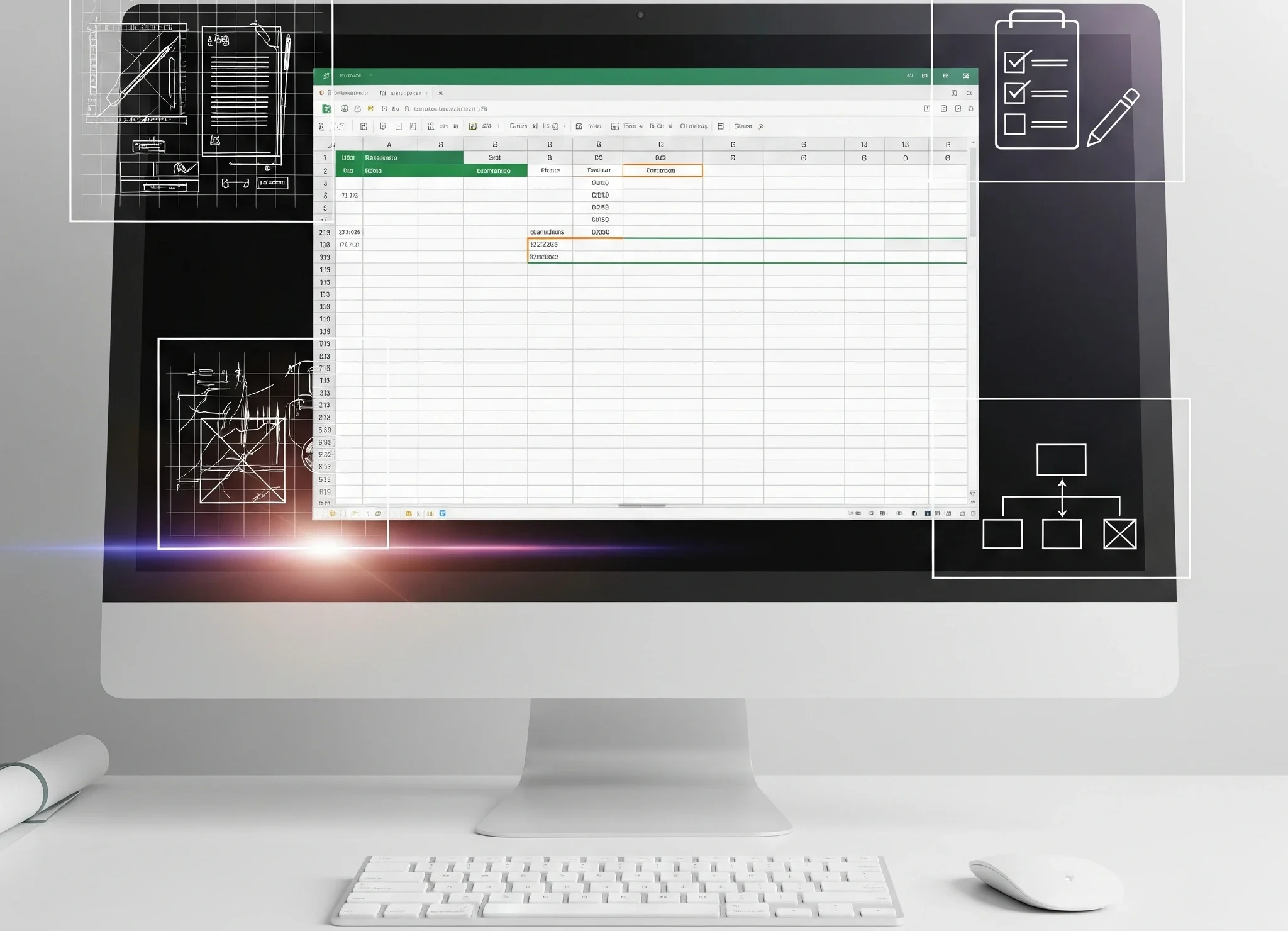 A professional, clean image of a computer screen showing an organized Excel template. Subtle overlays of a blueprint and a checklist symbolize structure and efficiency.