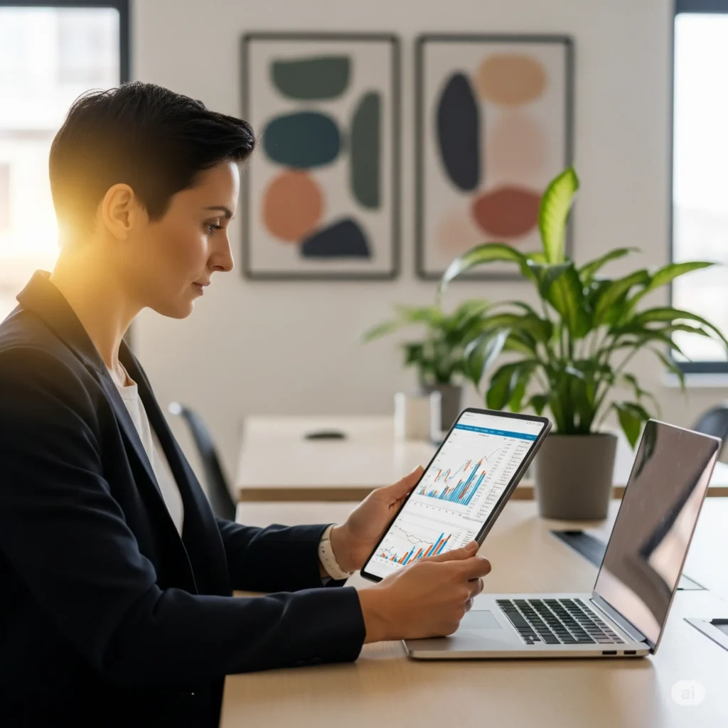 A non-finance professional confidently reviewing a financial report on a tablet in a modern office, representing empowerment and strategic understanding of business finance.