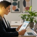 A non-finance professional confidently reviewing a financial report on a tablet in a modern office, representing empowerment and strategic understanding of business finance.