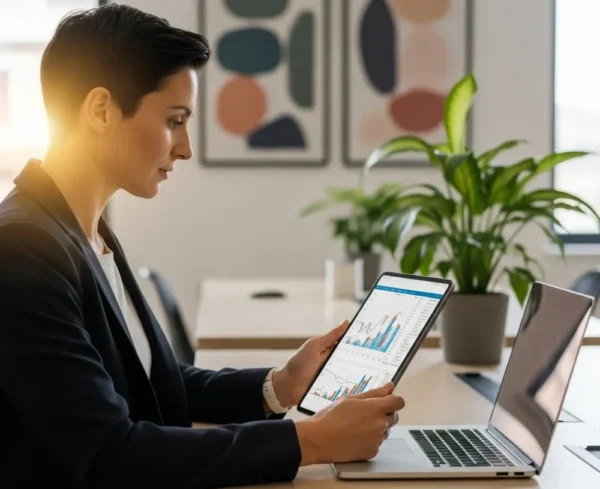 A non-finance professional confidently reviewing a financial report on a tablet in a modern office, representing empowerment and strategic understanding of business finance.