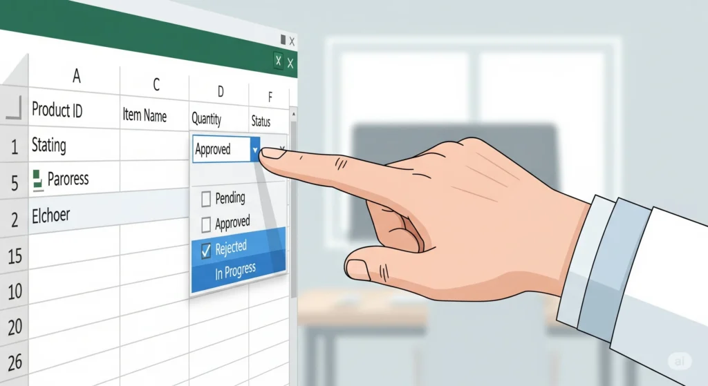 A digital illustration of an Excel spreadsheet with a hand pointing to an open drop-down menu, demonstrating data validation.