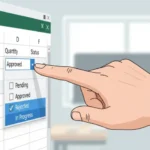 A digital illustration of an Excel spreadsheet with a hand pointing to an open drop-down menu, demonstrating data validation.