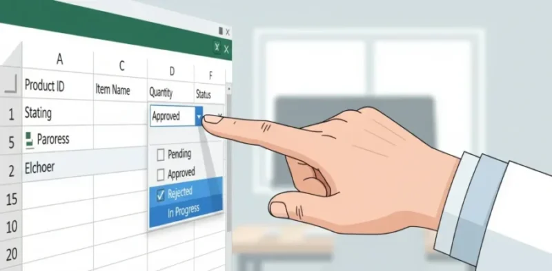 A digital illustration of an Excel spreadsheet with a hand pointing to an open drop-down menu, demonstrating data validation.