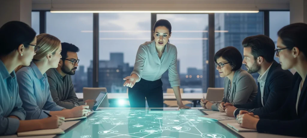 A diverse team collaborates around a table, with a leader pointing to a digital strategy screen, symbolizing modern leadership and strategic collaboration.