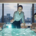 A diverse team collaborates around a table, with a leader pointing to a digital strategy screen, symbolizing modern leadership and strategic collaboration.