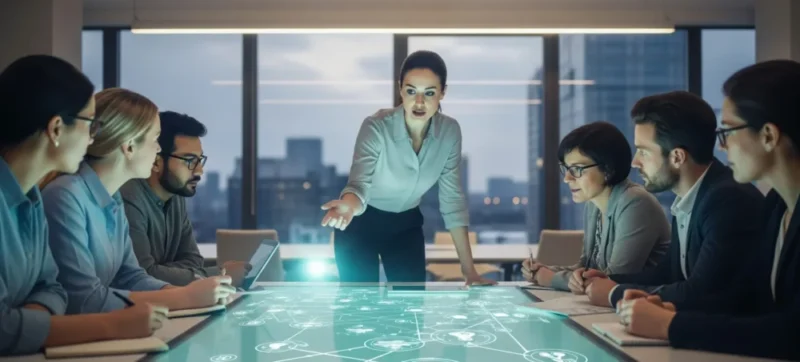 A diverse team collaborates around a table, with a leader pointing to a digital strategy screen, symbolizing modern leadership and strategic collaboration.