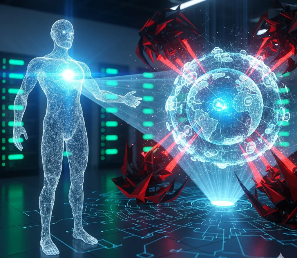 A digital illustration of a futuristic AI protecting a global network from cyber threats.