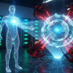 A digital illustration of a futuristic AI protecting a global network from cyber threats.