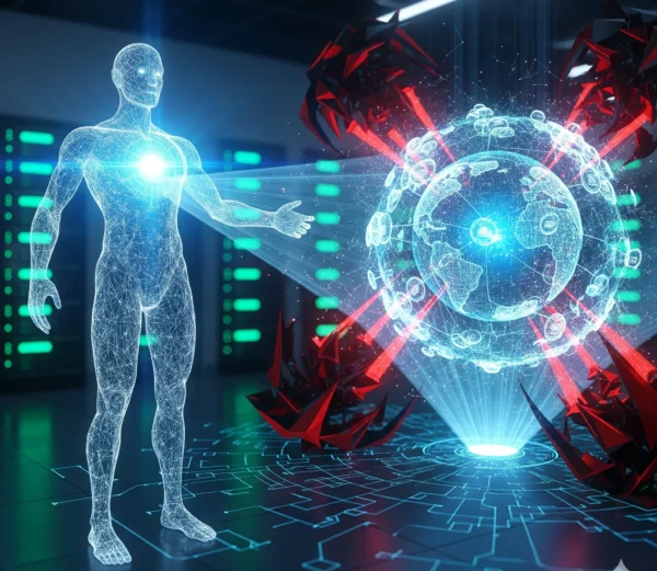A digital illustration of a futuristic AI protecting a global network from cyber threats.