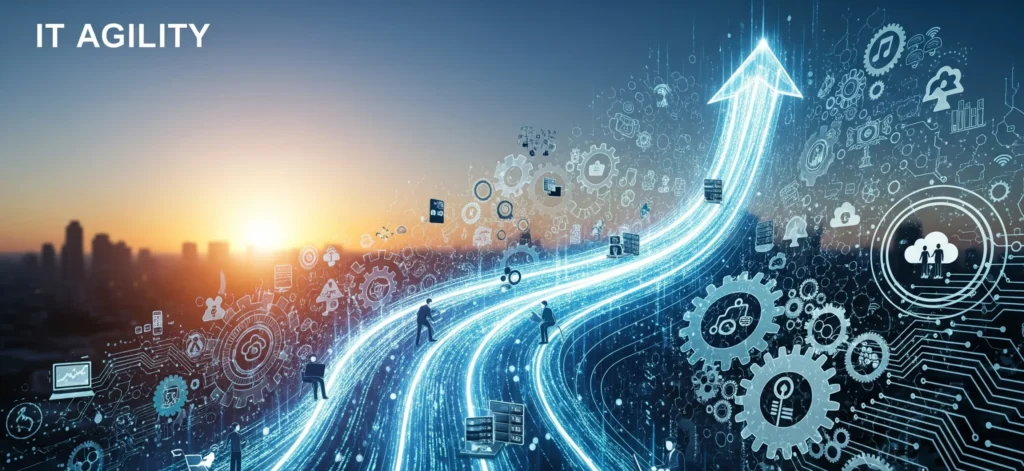A futuristic, dynamic image showing a glowing blue path of data streams rising upwards like an arrow, representing growth and progress. The path is surrounded by various interconnected technology symbols, gears, and silhouettes of people working on laptops, set against a cityscape at sunrise.