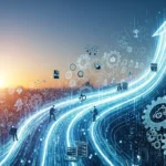 A futuristic, dynamic image showing a glowing blue path of data streams rising upwards like an arrow, representing growth and progress. The path is surrounded by various interconnected technology symbols, gears, and silhouettes of people working on laptops, set against a cityscape at sunrise.