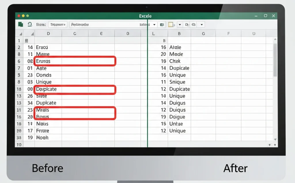 A visual guide showing how to delete duplicates in Excel using multiple methods, including conditional formatting and the Remove Duplicates tool