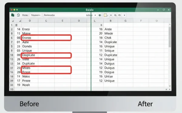 A visual guide showing how to delete duplicates in Excel using multiple methods, including conditional formatting and the Remove Duplicates tool
