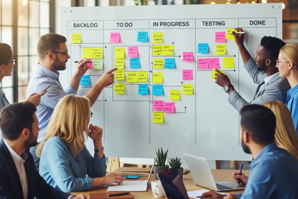 A team collaborating around a Kanban board in a modern office, visualizing their workflow to improve efficiency and project flow.