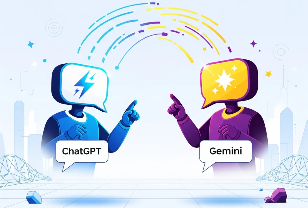 A futuristic vector illustration of two AI avatars, one for ChatGPT (a lightning bolt) and one for Gemini (a star), in a friendly competition