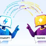 A futuristic vector illustration of two AI avatars, one for ChatGPT (a lightning bolt) and one for Gemini (a star), in a friendly competition