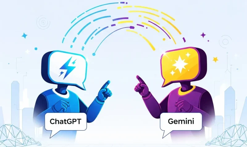 A futuristic vector illustration of two AI avatars, one for ChatGPT (a lightning bolt) and one for Gemini (a star), in a friendly competition