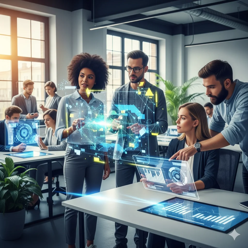 A group of diverse professionals working with a large holographic data display in a modern office.