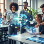 A group of diverse professionals working with a large holographic data display in a modern office.