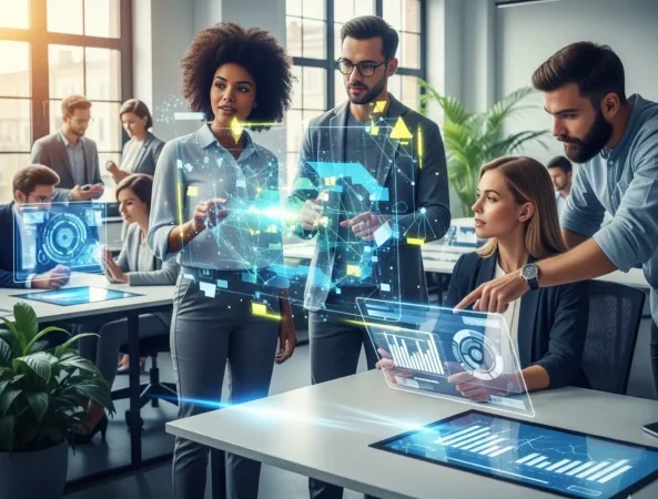 A group of diverse professionals working with a large holographic data display in a modern office.