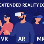 Extended Reality (XR) illustration with people using Virtual Reality (VR), Augmented Reality (AR), and Mixed Reality (MR) devices.