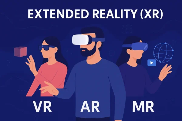 Extended Reality (XR) illustration with people using Virtual Reality (VR), Augmented Reality (AR), and Mixed Reality (MR) devices.