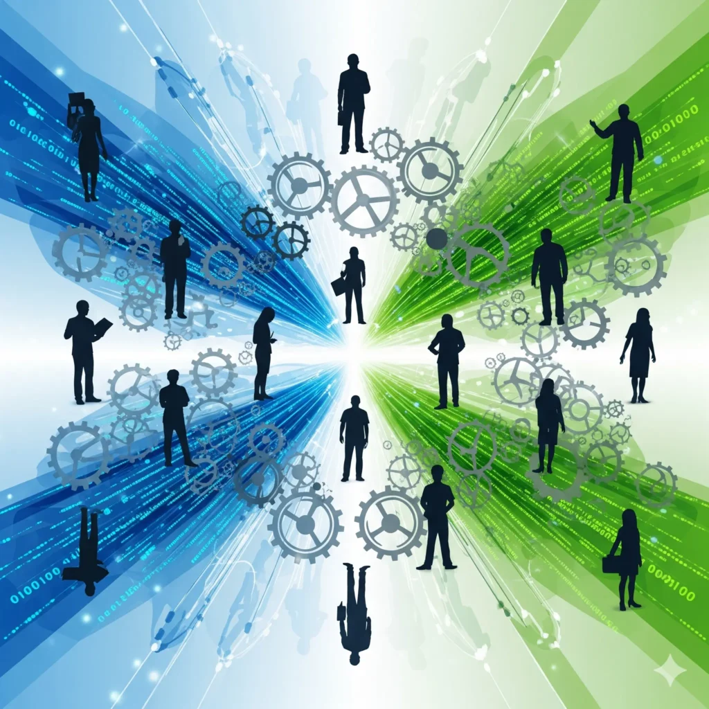 An abstract digital illustration showing a dynamic network of interconnected people, digital data streams, and gears, symbolizing the integration of human capital, technology, and organizational structure in workforce transformation.