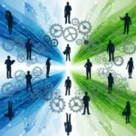 An abstract digital illustration showing a dynamic network of interconnected people, digital data streams, and gears, symbolizing the integration of human capital, technology, and organizational structure in workforce transformation.