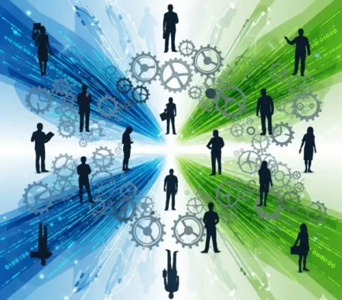 An abstract digital illustration showing a dynamic network of interconnected people, digital data streams, and gears, symbolizing the integration of human capital, technology, and organizational structure in workforce transformation.