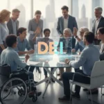 A diverse group of business professionals in a modern office collaborating around a table with a glowing holographic "DEI" display, representing a commitment to diversity, equity, and inclusion.
