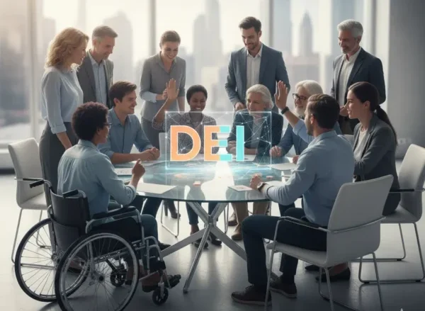 A diverse group of business professionals in a modern office collaborating around a table with a glowing holographic "DEI" display, representing a commitment to diversity, equity, and inclusion.