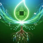 An abstract digital illustration showing a green circuit board in the shape of a leaf, with roots made of fiber optic cables. The image includes icons for recycling, wind power, solar energy, and cloud computing, symbolizing the connection between technology and environmental sustainability.