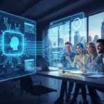 A diverse team of professionals in a modern office collaborating around holographic displays, with a central glowing RPA (Robotic Process Automation) circuit graphic representing digital transformation and the future of work.