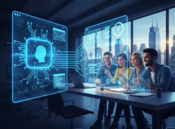 A diverse team of professionals in a modern office collaborating around holographic displays, with a central glowing RPA (Robotic Process Automation) circuit graphic representing digital transformation and the future of work.