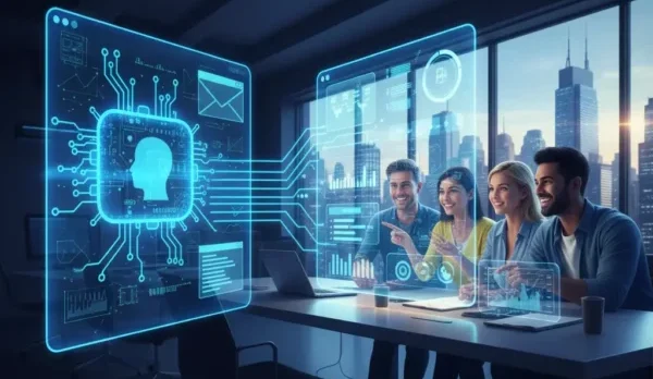 A diverse team of professionals in a modern office collaborating around holographic displays, with a central glowing RPA (Robotic Process Automation) circuit graphic representing digital transformation and the future of work.