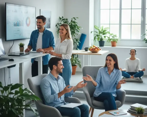 A diverse group of happy, engaged employees collaborating in a modern, vibrant office with elements of well-being