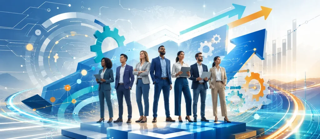 professionals standing on a platform surrounded by glowing digital networks and gears, symbolizing the alignment of people and technology in a changing workplace